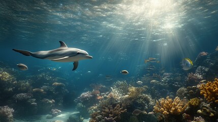 Dolphin swimming gracefully among vibrant coral reefs and fish.