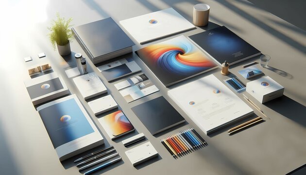 Company branding materials like brochures, cards, and flyers.