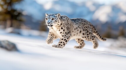 Naklejka premium Snow Leopard Prowling in Winter Mountain Landscape