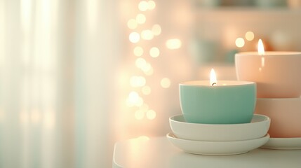 Colorful candles on a serene table with soft ambient light, creating a calming atmosphere.