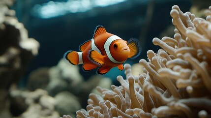 Clownfish swimming near coral, vibrant marine life in natural habitat.