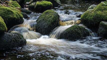 Fototapeta premium Moss Covered Rocks by Mountain Stream