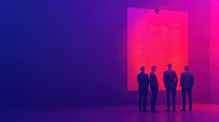 Fototapeta premium Four business professionals standing in silhouette against a colorful, abstract backdrop, showcasing collaboration and innovation.