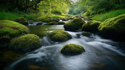 Mossy Rocks Beside a Serene Mountain Stream
