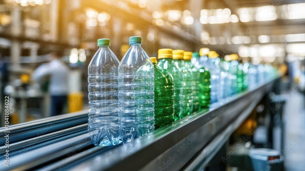 Poster colorful bottles on production line in factory setting