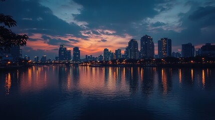 Fototapeta premium Urban Skyline at Twilight with City Lights Reflections