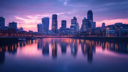 Fototapeta premium Twilight Urban Skyline with City Lights Reflection