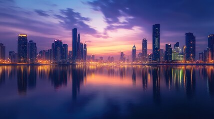 Fototapeta premium Twilight Urban Skyline with City Lights Reflection