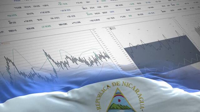 Nicaragua flag - Waving flag on report analytics data statement - Powered by Adobe
