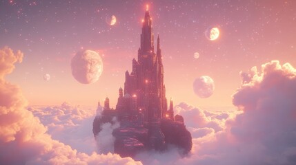 Naklejka premium Majestic Castle Floating in the Sky at Sunset