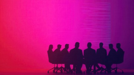 A group of silhouettes sitting in chairs against a vibrant, colorful background, creating an atmosphere of mystery and collaboration.