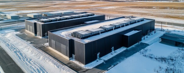 Aerial architectural view of data center with snow