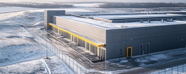 Aerial view of a snow-covered modern data center