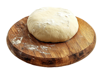 Round dough ball on a wooden cutting board, isolated on transparent cutout background
