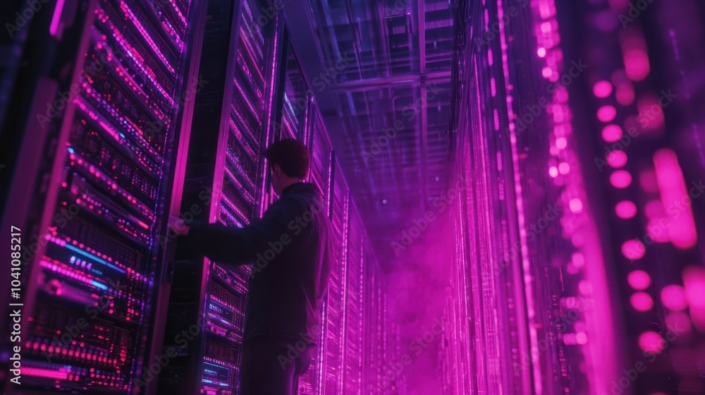 Poster a technician working on server racks in a data center