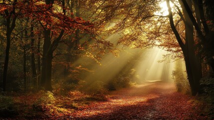 Obraz premium Serene Autumn Trail in Dappled Forest Light