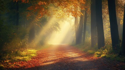 Obraz premium Autumn Trail in a Dappled Forest of Colorful Leaves