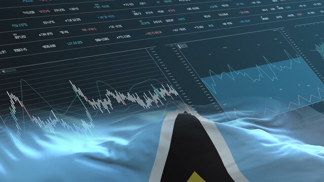 Saint Lucia flag - Waving flag on report analytics data statement - Powered by Adobe