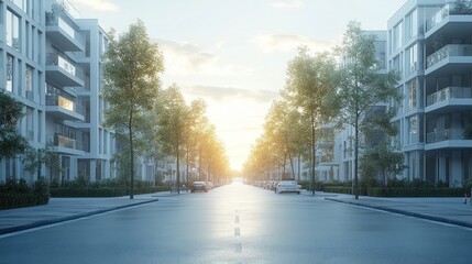 Serene urban street at sunset with modern buildings and trees.