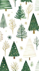 A festive pattern featuring various green trees and gold accents on a light background, evoking a cheerful, seasonal atmosphere.