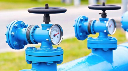 Blue Industrial Valve with Pressure Gauge and Wheel