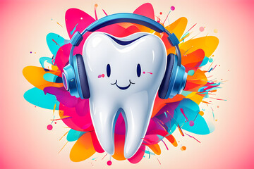 Illustration of tooth with headphones and sunglasses  on the abstract background.
