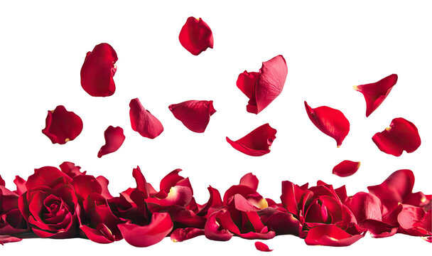 Floating red rose petals, isolated on transparent cutout background