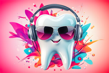 Illustration of tooth with headphones and sunglasses  on the abstract background.