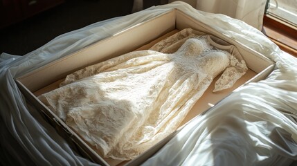 A beautifully preserved wedding gown is carefully placed in a bridal gown preservation box, ready to be stored after the ceremony.