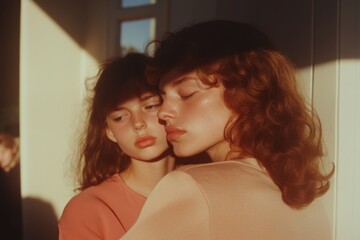 Fototapeta premium Two teenage girls sharing tender moment at sunset
