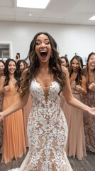 Obraz premium A bride excitedly tries on her wedding gown in front of her bridal party, as they cheer and admire the dress.