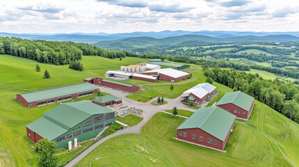 Aerial View of Farmstead Surrounded by Green Hills
