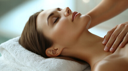 Obraz premium A woman is lying on her back in the spa and getting massaged by an professional female massage therapist,