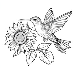 Fototapeta premium Line art hummingbird with sunflower tattoo design, white background