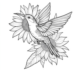 Obraz premium Line art hummingbird with sunflower tattoo design, white background