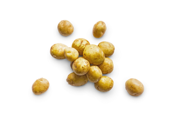 Closeup of a pile of fresh organic potatoes from the garden isolated on a transparent background with shadow from above, top view, png