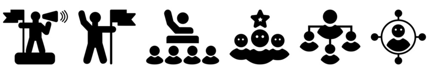 Leadership icon set. Human organization leader structure hierarchy. Mentorship, coaching, charisma, head, lead, chairman, manager. Vector illustration.