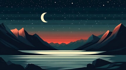 A flat-style night sky with crescent moon, small stars dotting the sky, clean geometric shapes, smooth color transitions from blue to black, peaceful and serene, minimalist beauty, hd quality.