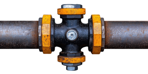 Industrial pipe joint with metal fittings, isolated on white background.