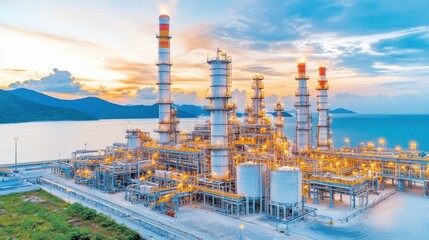 Obraz premium Scenic Oil Refinery at Sunset Near the Ocean