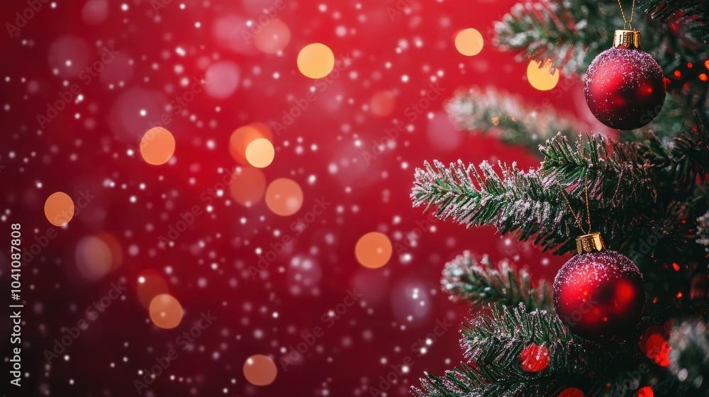 Poster christmas background with xmas tree and sparkle bokeh lights on red canvas background. merry christm