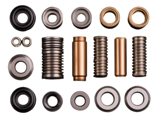Collection of mechanical components, white isolate background.