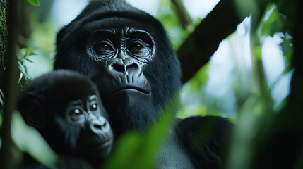 Mountain Gorilla Mother and Baby Close Up Portrait in Lush Rainforest