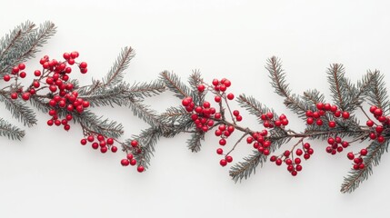 Christmas composition flatlay. Spruce branches, red berries on white background with space for text
