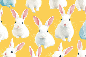 Obraz premium White rabbits in a playful arrangement against a bright yellow background during the spring season