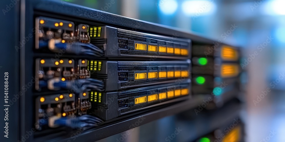 Poster data center server rack with network cables and leds