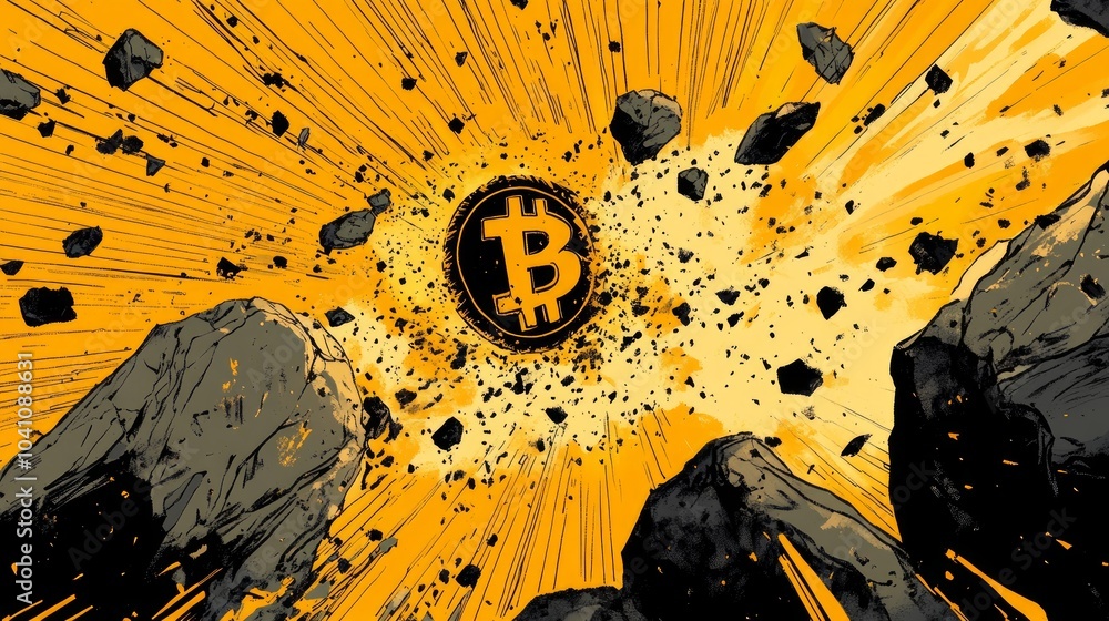 Poster a bitcoin symbol explodes with yellow rays and debris flying off in all directions.