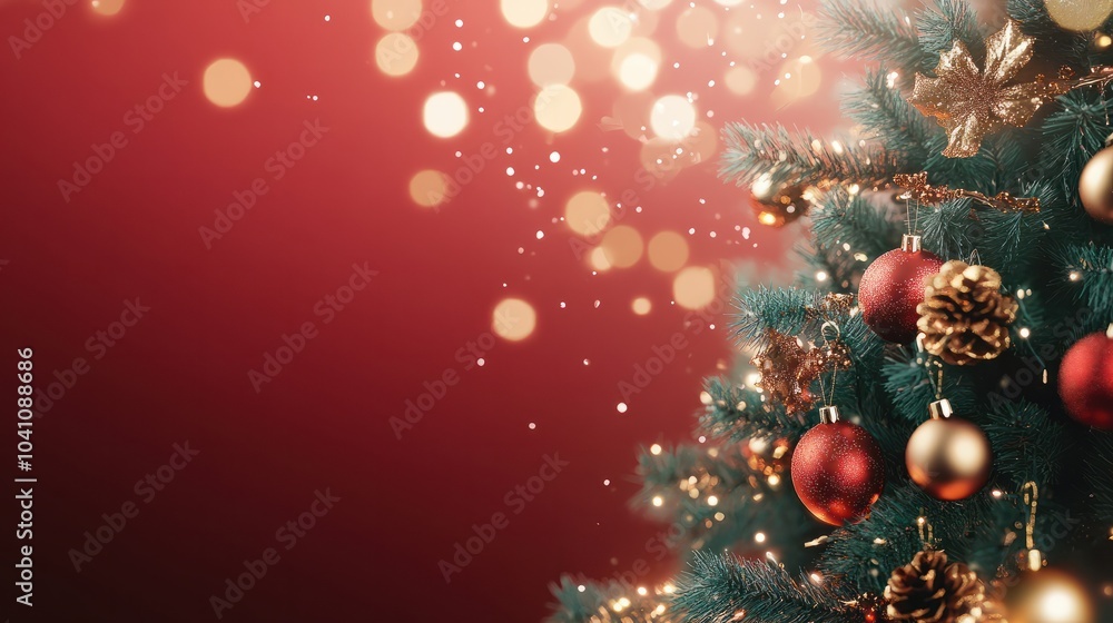 Poster christmas tree with ornament and bokeh lights in red background