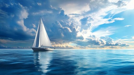Obraz premium Serene landscape of a sailboat gliding across a calm lake at sunset with a scenic mountain backdrop and reflective water, perfect for nautical-themed designs, nature photography, and peaceful outdoor 