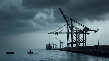 Fototapeta premium Industrial cranes diligently unloading shipping containers and cargo at an oil refinery port facility under a dramatic cloudy sky landscape